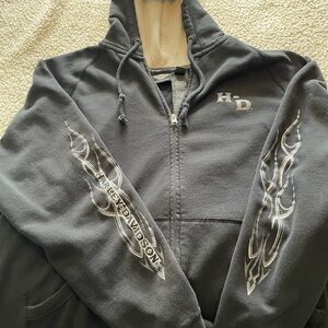 Harley-Davidson Black Zip Hoodie with White Flame Sleeve Graphics